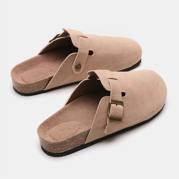 Camel Colored Suede Closed Toe Buckle Slide - Picture 4 of 5